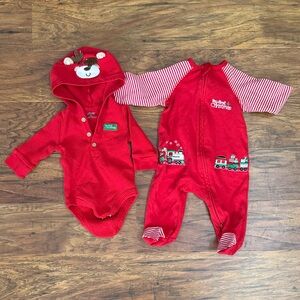 Little Me Red Holiday Train Footie Set My First Christmas Bundle - 3 months